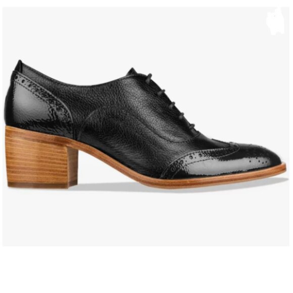 FOWT Black Perforated Lace-Up Oxfords Almond Toe Mid Chunky Heel Brogues Shoes - Picture 1 of 8